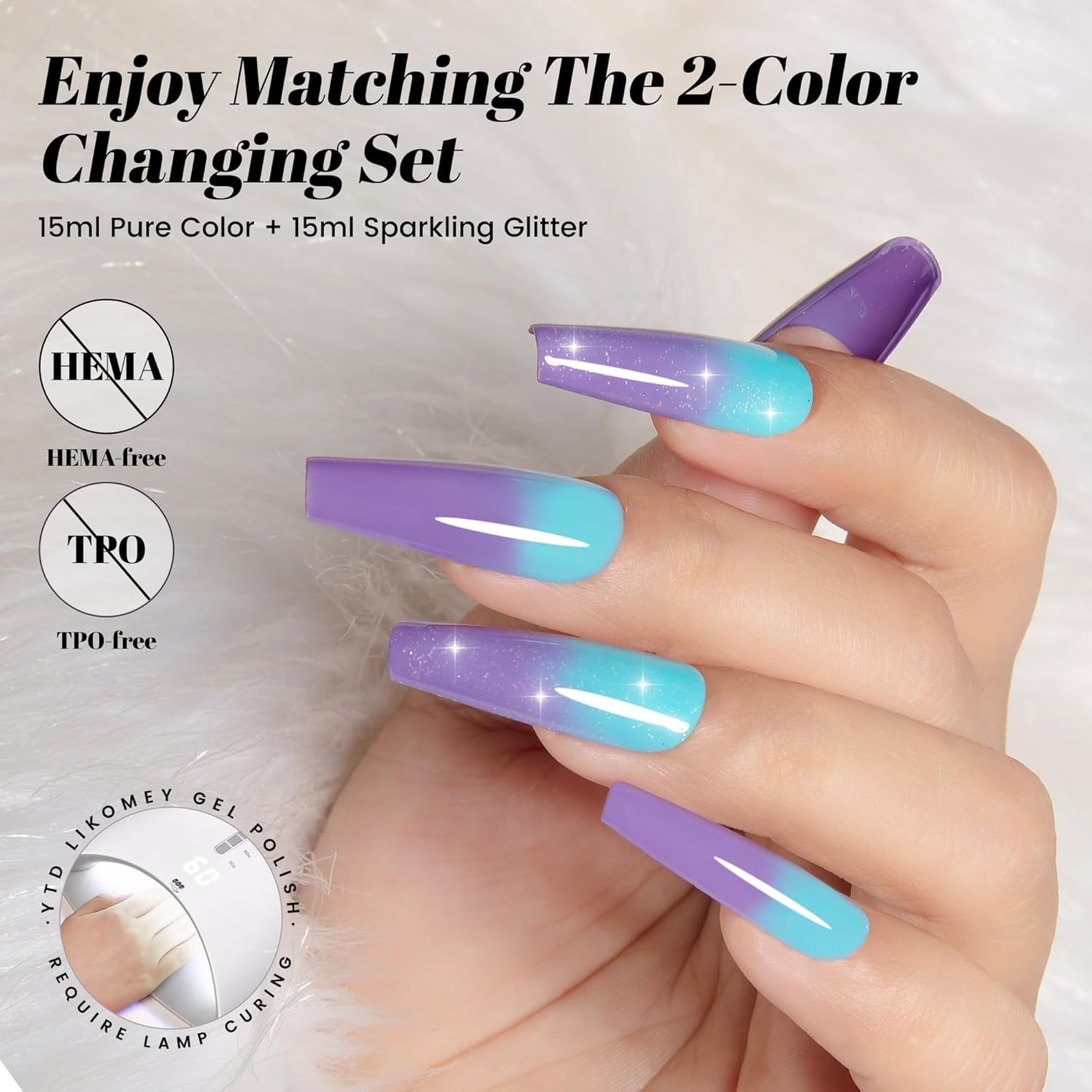 YTD Likomey Color Changing Gel Nail Polish 2 Pcs Set,15ml Tiffany Blue To Purple Pure Color and Glitter Kit,Thermal Ombre Change Colors Salon Manicure Fall Winter UV Nail Varnish,WB2-8