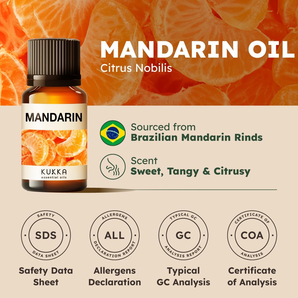 Kukka Mandarin Essential Oil for Diffuser Skin - 0.34 Fl Oz - Fresh & Citrusy Scent for Aromatherapy,Candle, Bath Bomb, DIY Soap Making Scents