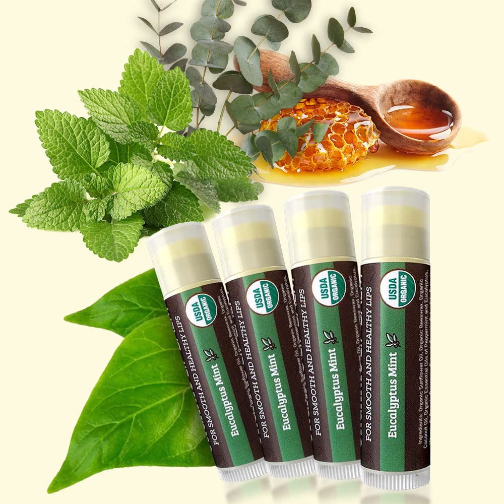 Earth's Daughter USDA Organic Lip Balm 4-Pack Eucalyptus Mint Flavor - Beeswax, Coconut Oil, Vitamin E - Best Lip Repair Chapstick for Dry Cracked Lips.