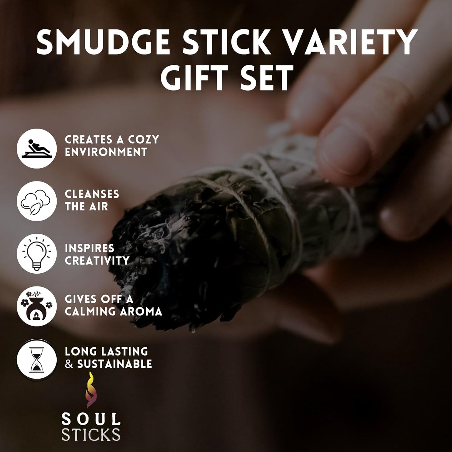SOUL STICKS Smudge Stick Variety Gift Set | Bulk Sage Bundles for Space Cleansing | Smudging Wand Gift Set with Smudge Guide (Essential Sage, 6 Pack)