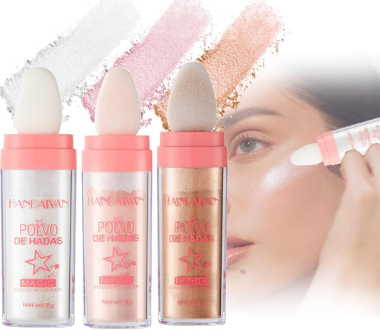3 Color Polvo De Hadas, Body Glitter Highlighter Powder Fairy Stick for Makeup Shimmer and Shine High Gloss Blush Contour Powder Makeup - Sparkle Patting for Hair Face Eyes Body