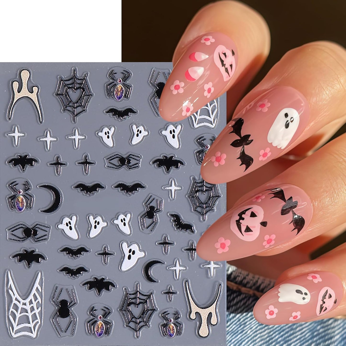 6Pcs Spider Ghost Nail Stickers for Nail Art,Crystal Diamond Spiders Design Nail Decals Spider Web Bloody Bat Nails Design Classic Halloween Pumpkin Nails Decoration for Women Halloween Manicure Salon