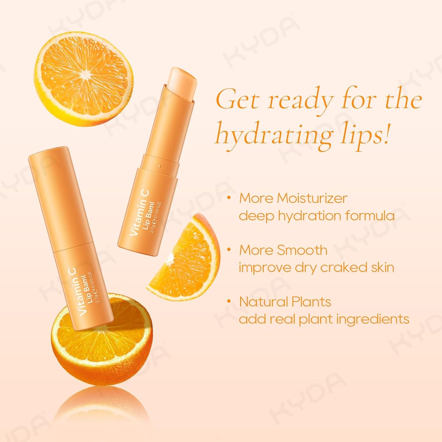 KYDA 3 Pcs Vitamin C Lip Balm, Moisturizing Lips Balm Stick for Dry Cracked Lips, Deep Hydrating Tinted Lip Balm, Reduce Fine Lines, Daily Lip Moisturizer with Orange Vitamin C, Colorless Finish