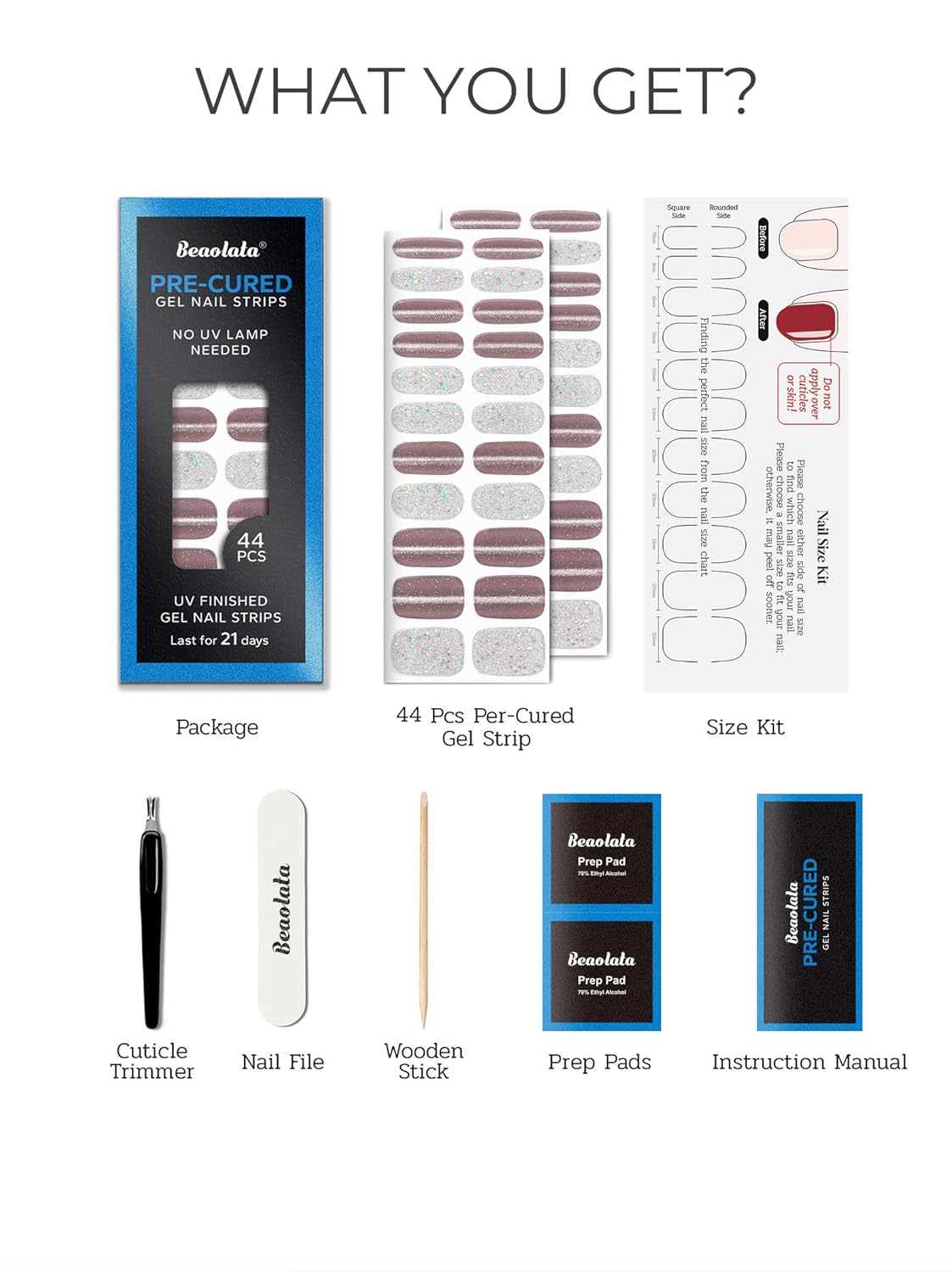 Pre Cured Gel Nail Strips - 44PCS Salon Quality Gel Nail Stickers - Long Lasting Polish Wraps for Women no UV Light Needed Easy Apply& Remove (Smoky Silver）