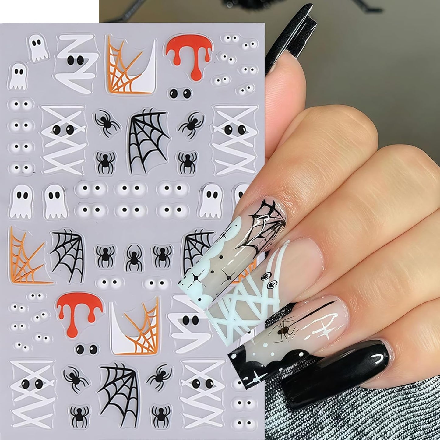 4Pcs Halloween 5D Embossed Nail Stickers Cute Ghost Nail Decals Self-Adhesive Pumpkin Spider Web Flower Ghost Nail Design Cats Skeleton Hand Nails Decorations Halloween DIY Manicure Supplies for Women