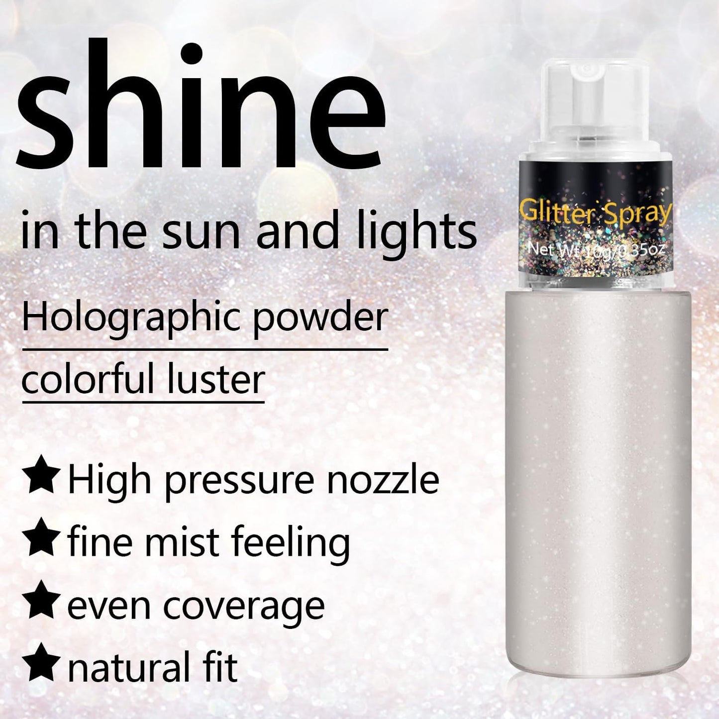 Hair and Body Glitter Spray, Holographic Glitter Highlighter Powder Spray, Unscented Hair Clothes Glitter Highlighter, Loose Glitter Spray Shimmer Powder Festival Rave Accessories, 10g (02 Peal White)