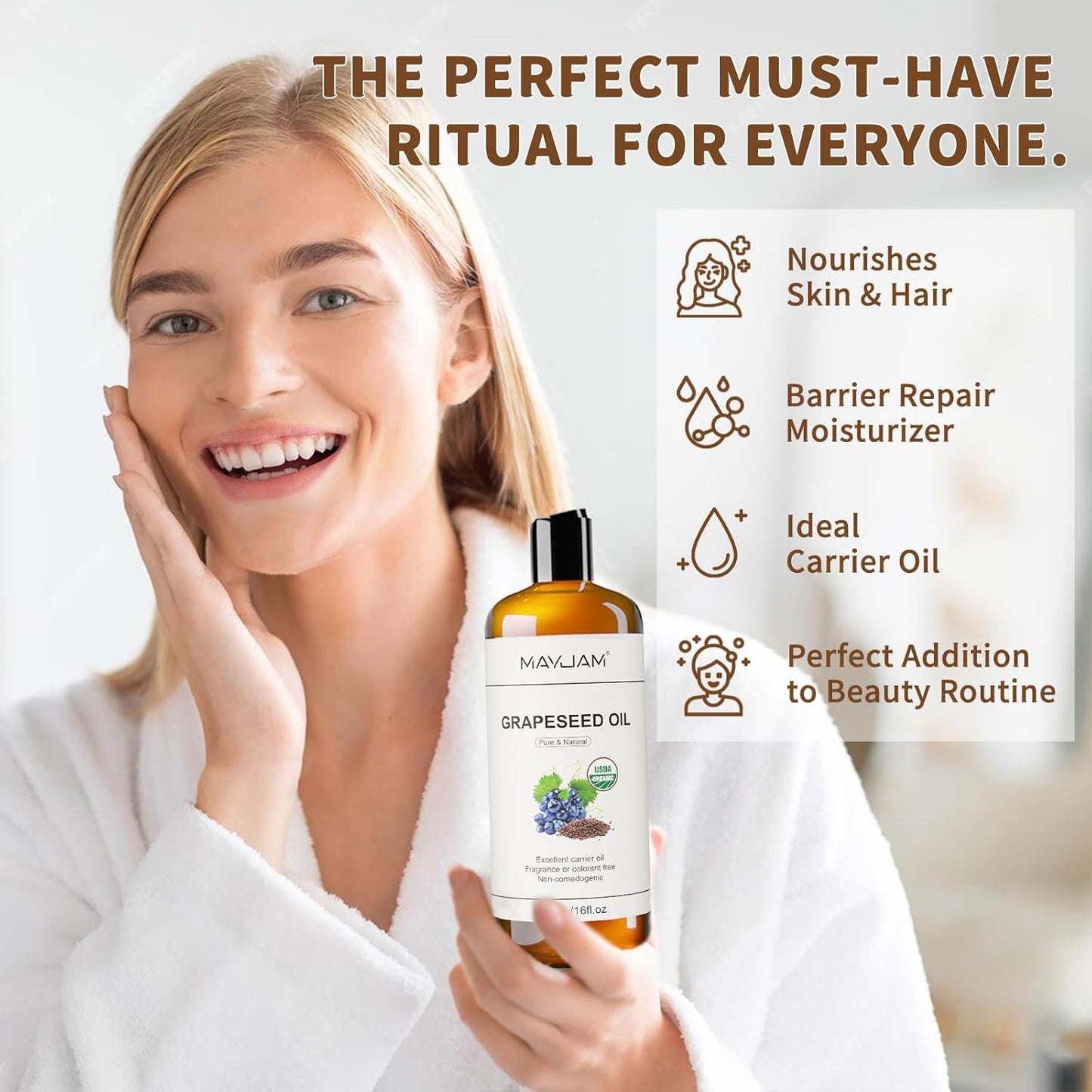 Organic Grapeseed Oil for Skin & Hair 16 oz, USDA Certified 100% Pure & Natural Grape Seed Oils, Cold Pressed Body Massage Carrier Oil for Skin Face Essential Oils Mixing, Hexane Free