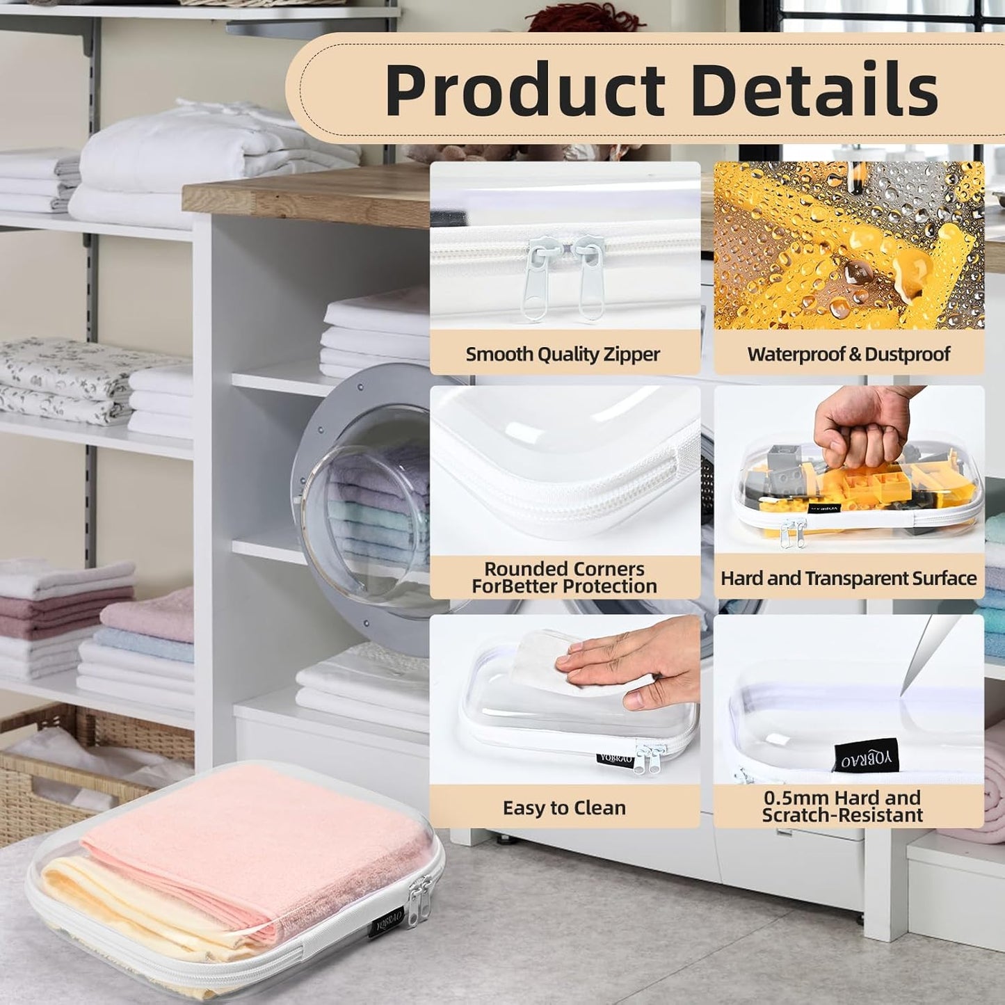 Hard Sided Clear Zipper Case for Storage- Professional-Grade Plastic Clear Zipper Pencil Case,Toy Storage Bins, Toiletry Pouch, Travel Organizer, Cosmetic Bag（White,3 Pack, LMS）