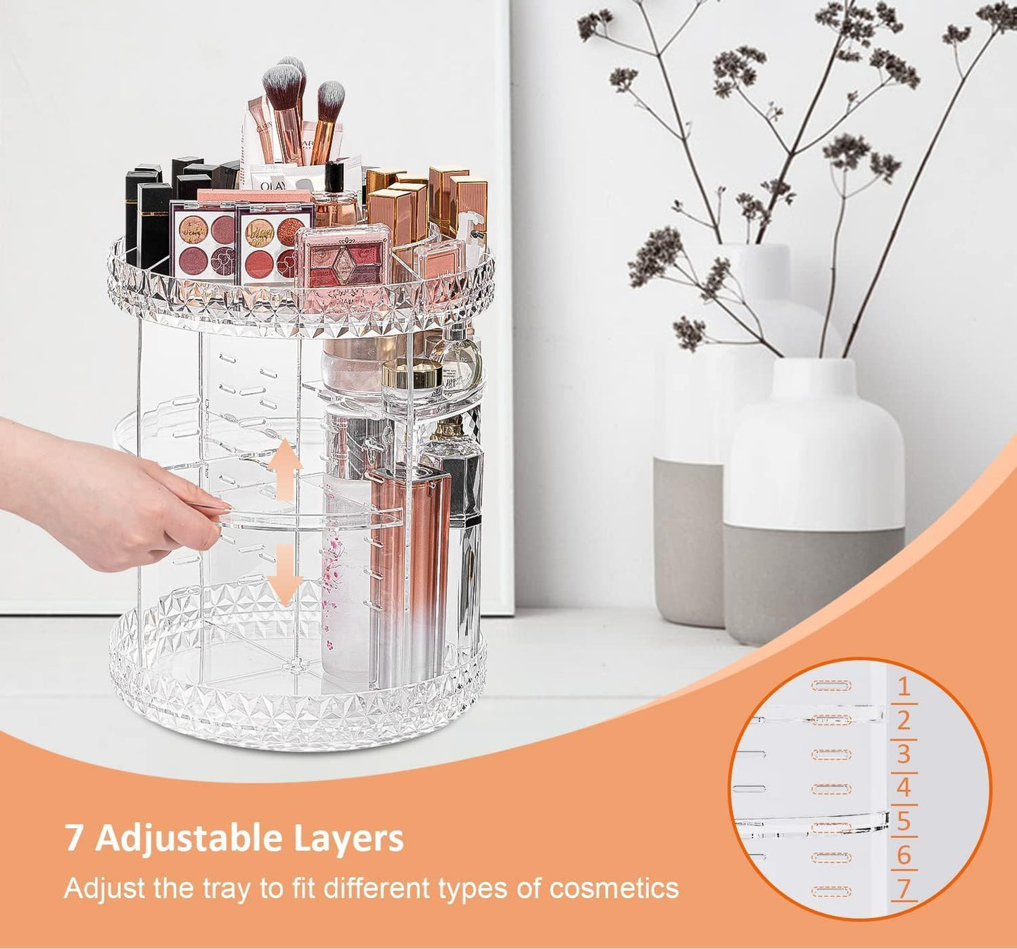 ZHIAI 360 Rotating Makeup Organizer, Large Capacity Cosmetics Organizer for Perfume Holder Organizer Countertop, DIY Adjustable Bathroom Makeup Carousel Holder Rack, Clear Diamond