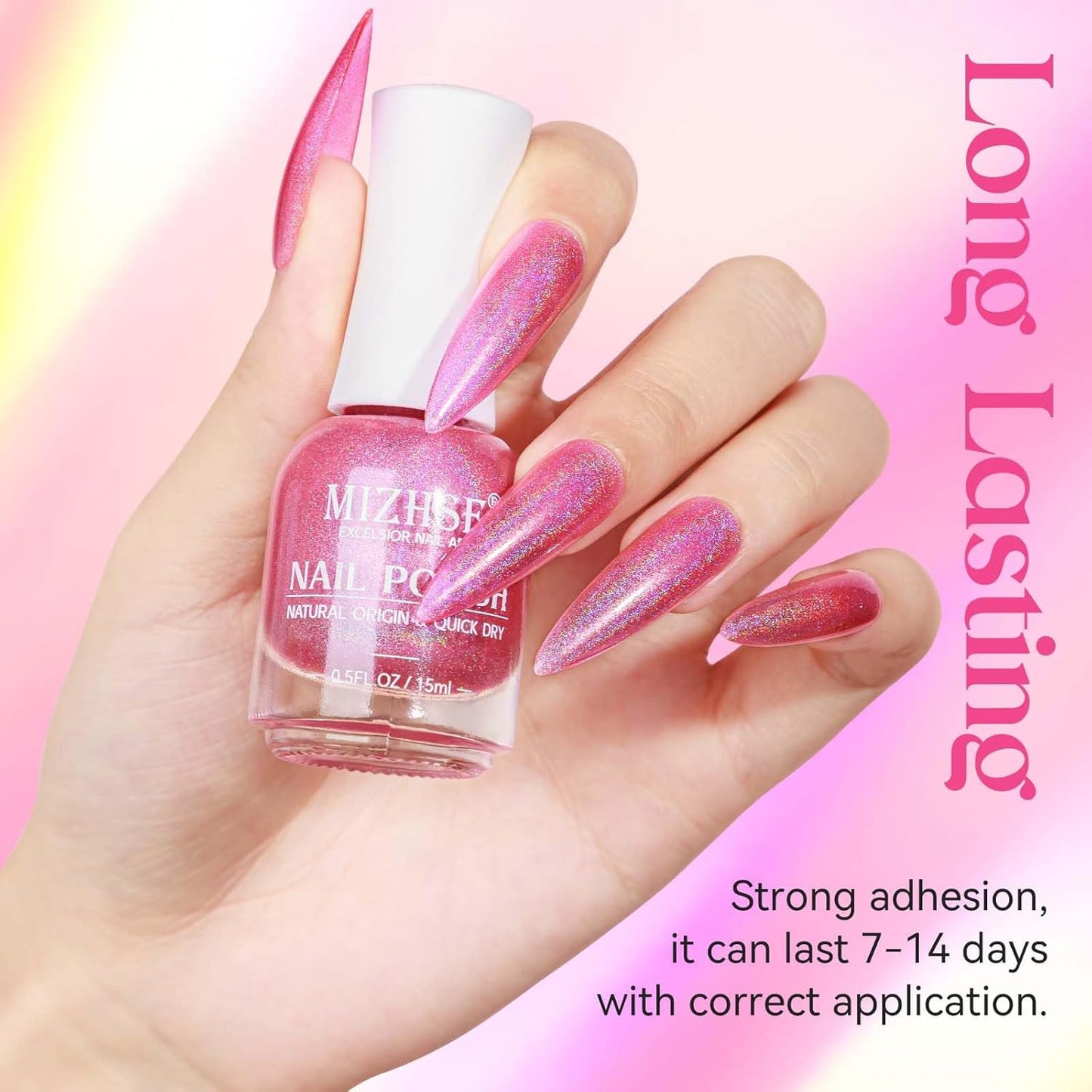 MIZHSE Holographic Nail Polish, Pink Glitter Nail Polish Air Dry Fast, 15 ml High Glossy Shimmer Nail Pigment Oil-based Laser Iridescent Nail Lacquer Chrome Halo Nail Art Salon Manicure Home