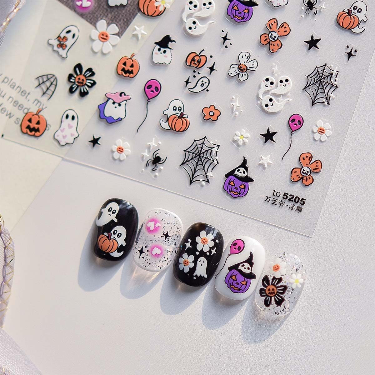 Halloween Nail Stickers Ghost Nail Decals 5D Embossed Cute Nail Art Sticker Flower Pumpkin Spider Wed Nail Supplies Design for Women Holiday DIY Manicure Decoration 1Sheet