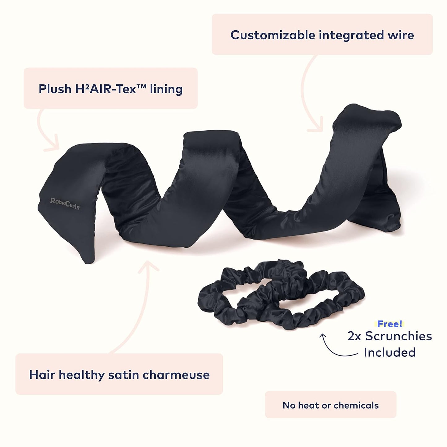 RobeCurls Heatless Hair Curler Set - Satin Curling Headband for Natural, No-Heat Curls - Sleep in Overnight Styling Tool with 2 Scrunchies - Easy & Gentle on Hair (Black)