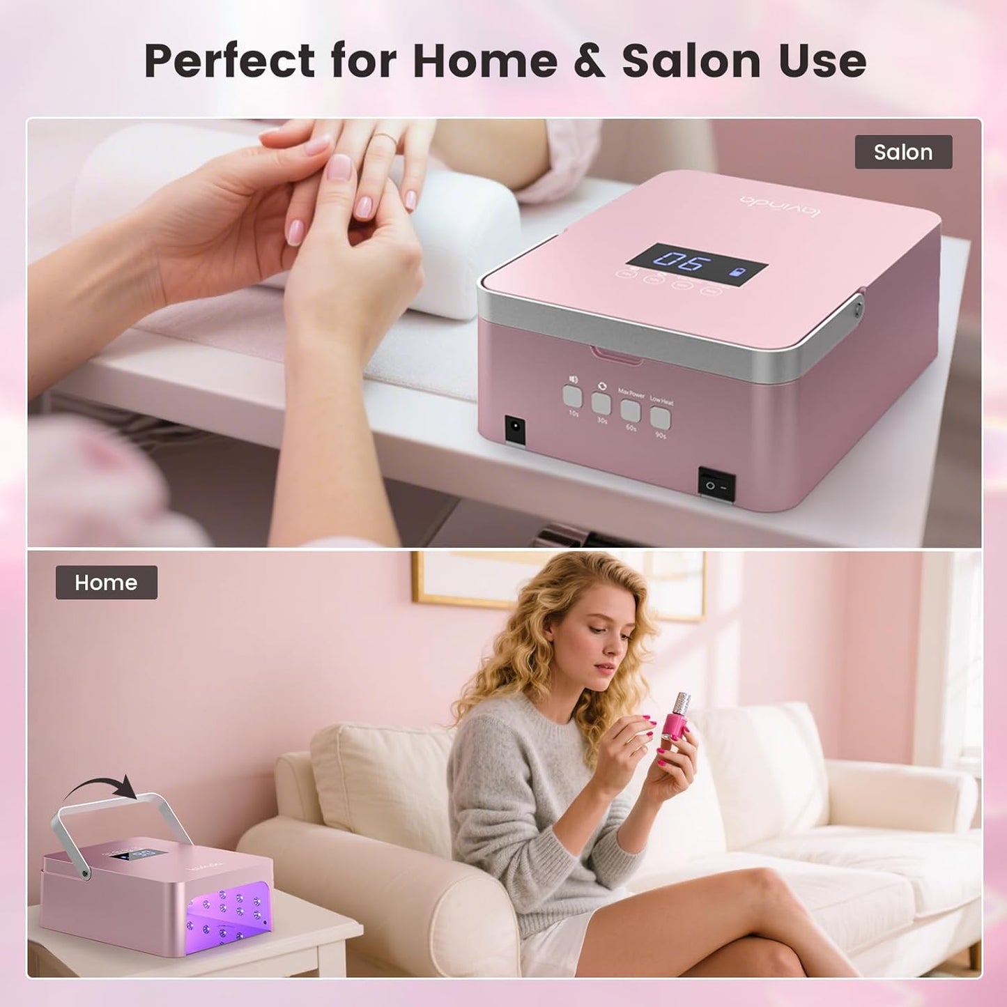 Lavinda 60W Large UV LED Nail Lamp with Portable Handle, Rechargeable 5200mAh Nail Dryer with Dual Controls, Max/Low Heat, 3-Prong Safety Adapter & LCD for Salon & Home.