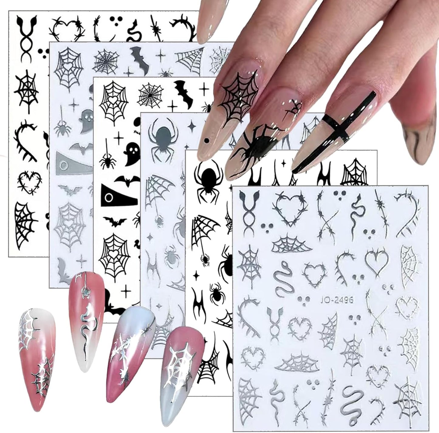 12 Sheets Halloween Stickers Spider Web Nail Art Decals 3D Self-Adhesive Halloween Decor Nail Supplies Charm Sticker Ghost Skull Bat Nail Art Stickers for Women Kid Girls Halloween DIY Decoration