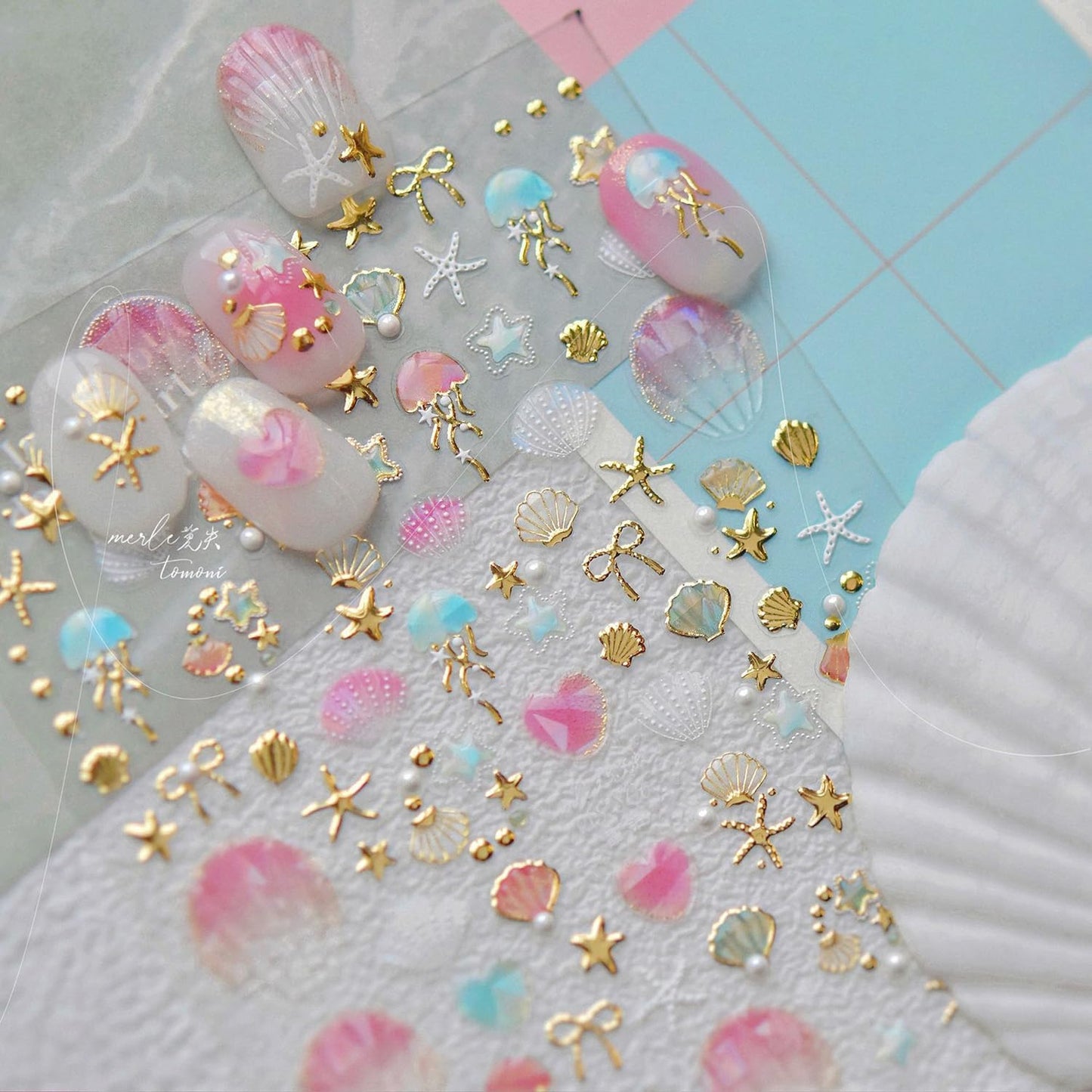1 Sheets Summer Nail Stickers for Nails Art 5D Embossed Self-Adhesive Shell Starfish Nail Art Stickers Decals Gold Ocean Star Jellyfish Design Beach Nail Supplies for Women Acrylic Manicure Salon