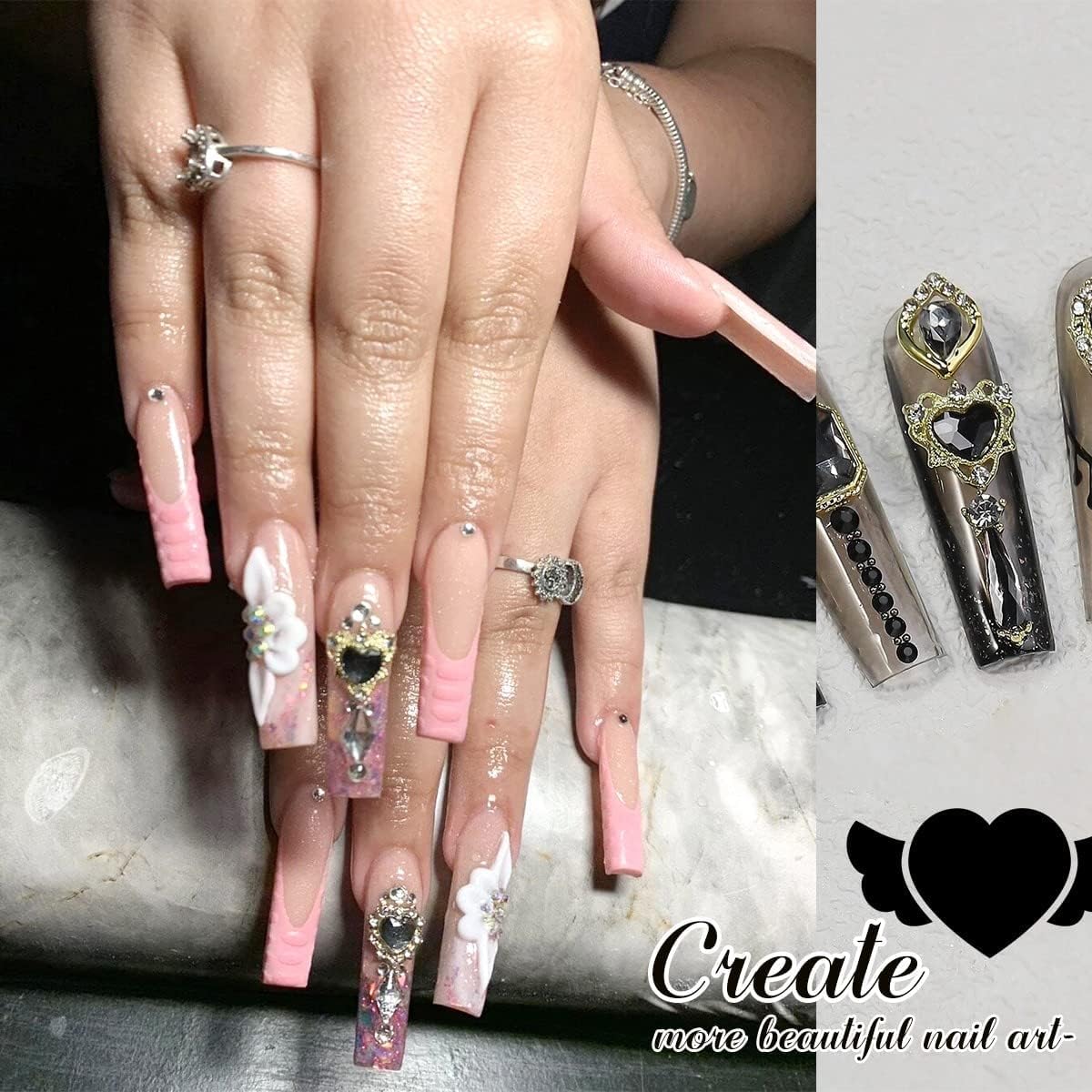 24pcs Black Luxury Nail Charms +2000pcs Jet Black Rhinestones 3D Big Nail Gems K9 Glass Nail Crystals Diamonds Jewelry Stones Alloy Nail Art Studs Decor Supplies Heart Charms for Arylic Nails Crafts