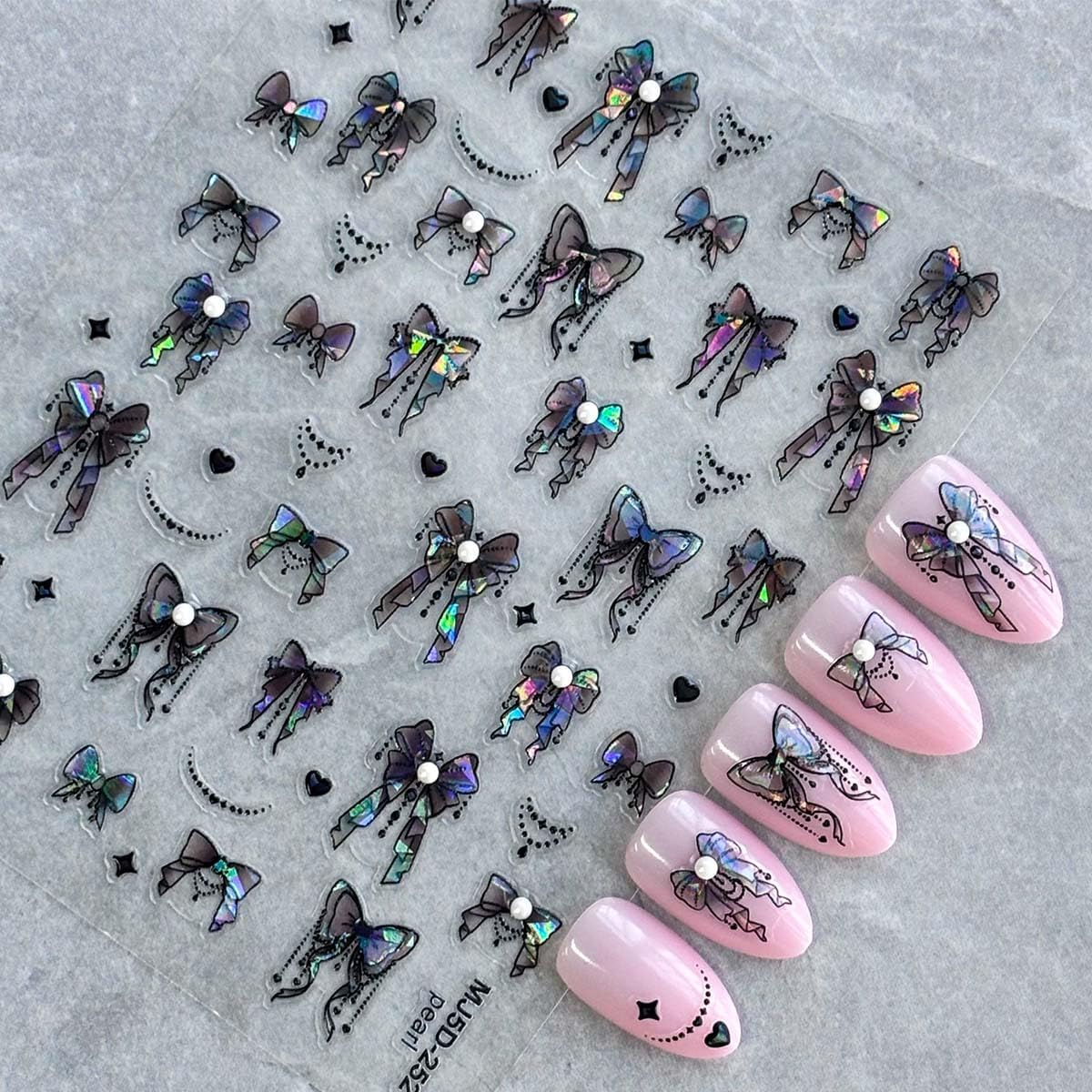 Aurora Bow Nail Art Sticker 3D Self-Adhesive Bowknot Nail Decals Designs Holographic Bow Nail Cute Supplies Sticker or Women Acrylic Nail Art Decoration DIY 1Sheet