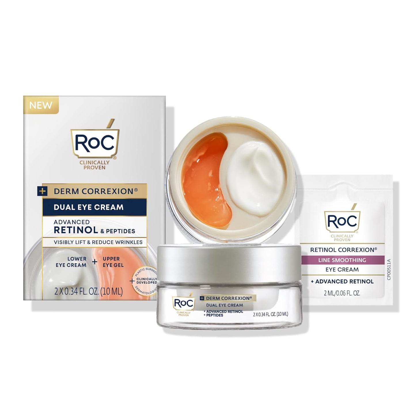 RoC Derm Correxion Dual Eye Cream with Advanced Retinol + Peptides for Puffy Eyes and Dark Circles, (.68 oz) with Retinol Under Eye Cream Packette