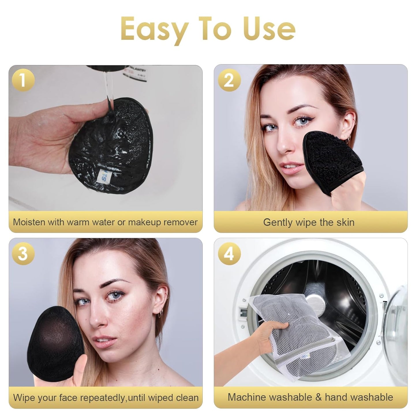 SINLAND Reusable Makeup Remover Pads For Face,Eye,Lips Microfiber Gentle Facial Cleansing Cloths for All Skin Types Friendly for Makeup Remover With Laundry Bag Black Pack of 6