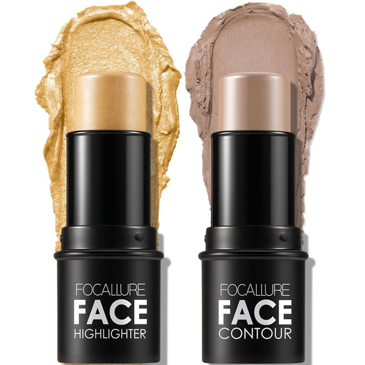 FOCALLURE 2 Pcs Mineral Cream Contour Stick,Moisturize Highlighter and Bronzer Pen,Non Stick Face Brightens & Shades Pencil,Long Lasting & Smooth Gliding Face Illuminator Makeup,22+09