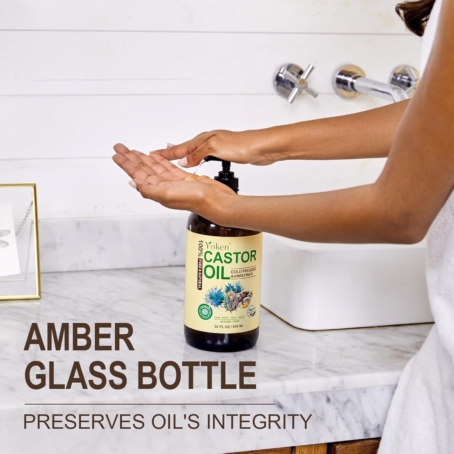 Yoken EWG Verified Castor Oil Glass Bottle 32 fl oz (with Pump) 100% Pure Castor Oil for Skin Face Hair, Cold Press, Hexane Free, Unrefined Caster oil for Pack Wrap Deep Nourish Body