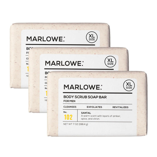 MARLOWE. No. 102 Body Scrub Soap 7 oz (3 Bars), Santal, Exfoliating Soap Bar with Shea Butter, Olive Oil & Green Tea Extracts, Cleanses, Smooths & Revitalizes Skin, Warm Amber, Spice & Citron Scent