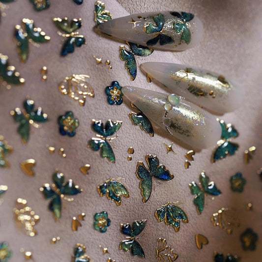 Butterfly Nail Art Stickers Green Golden Nail Decals Self Adhesive 5D Embossed Nail Sticker for Nail Art Spring Design for Women Girls Supplies Nails Decorations Accessories