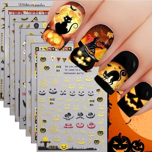 8Pcs Halloween Nail Stickers Spider Web Nail Decals Gold DIY Self Adhesive Ghost Cobweb Nail Design Halloween Nail Decoration Supplies Holiday Manicure Accessories for Women Girls