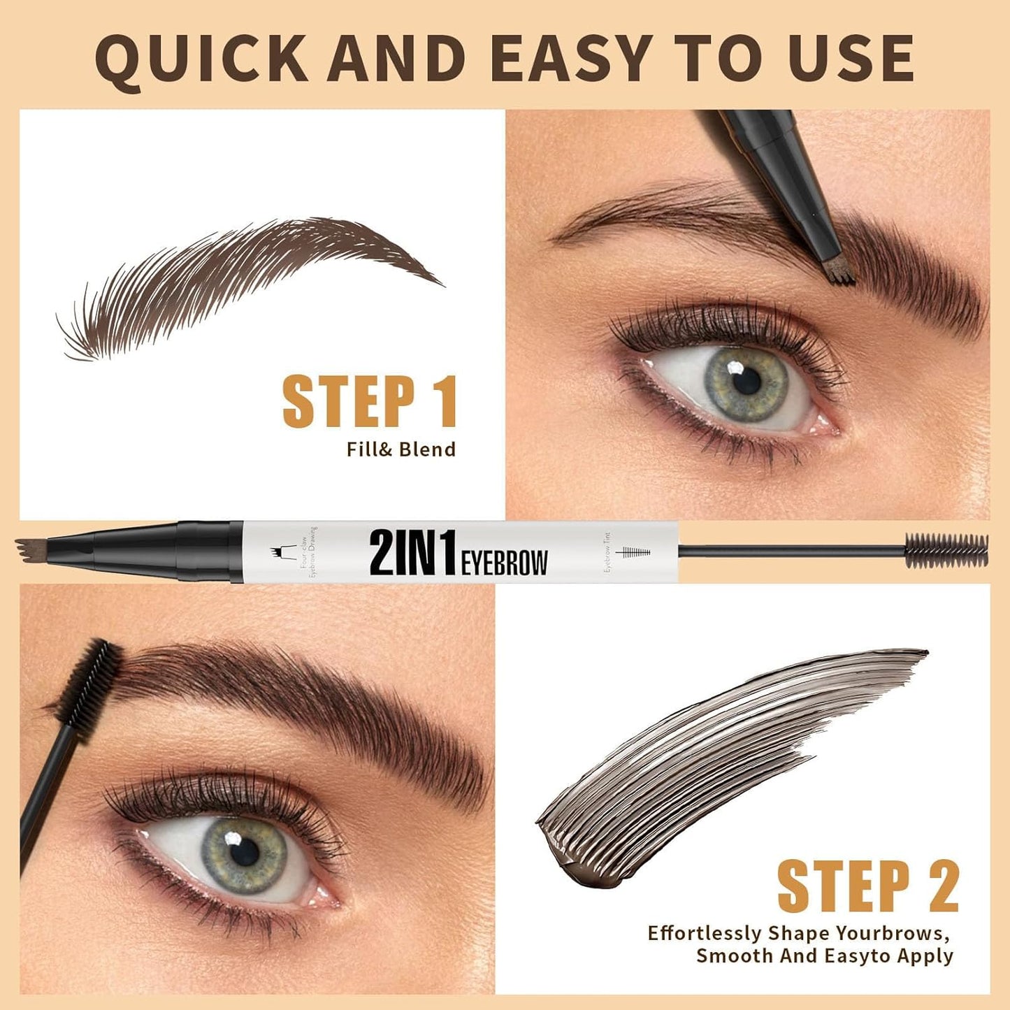 4-Fork Tip Microblading Eyebrow Pen - 2-in-1 Waterproof Eyebrow Pencil, Long-Lasting Natural Hair-Like Brows, Smudge-Proof & Easy to Use (With Tint 05#Black)