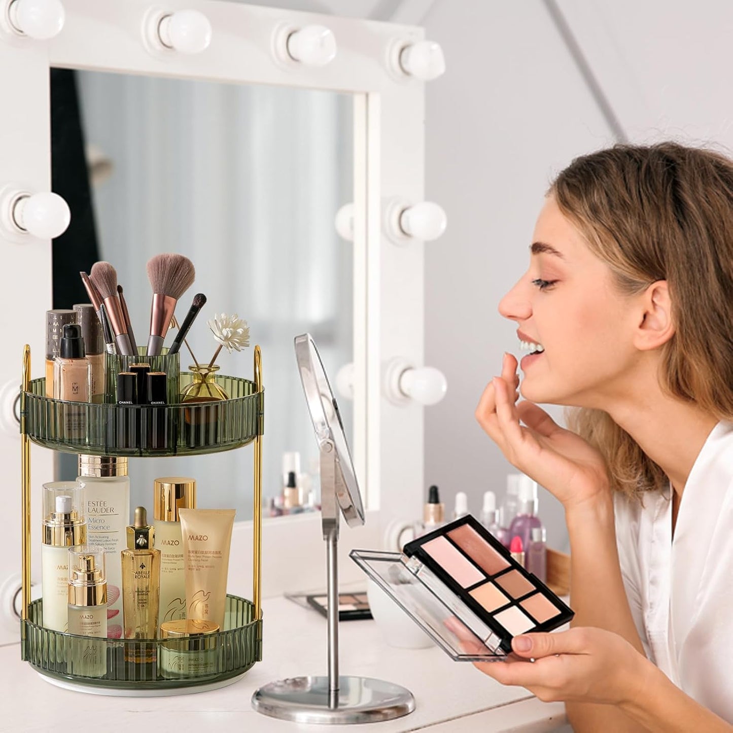 Rotating Makeup Organizer for Vanity, High-Capacity Skincare Clear Make Up Storage Perfume Organizers Cosmetic Dresser Organizer Countertop 360 Spinning (Green, New-2 Tier)