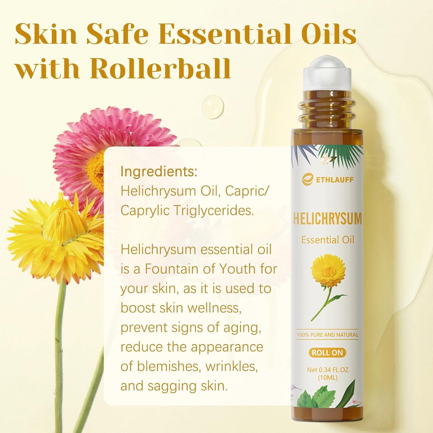 Helichrysum Essential Oil Roll On, 100% Pure Aromatherapy for Skin Vitality & Anti-Aging,Aromatherapy, Skin Care, Happy, Stress Relief