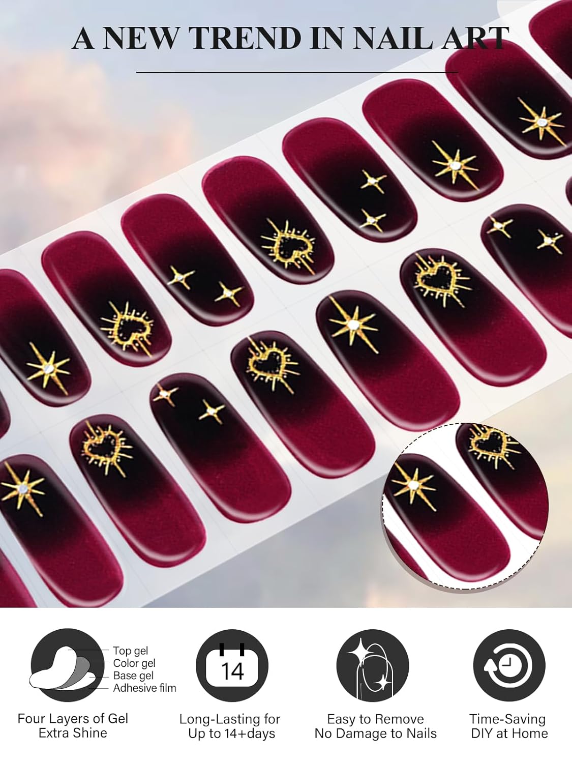 EBANKU 24PCS Semi-Cured Gel Nail Polish Strips, Self Adhesive Gel Nail Art Sticker, Waterproof Gel Nail Wrap Stickers with Nail File and Stick(Glitter Star-2)