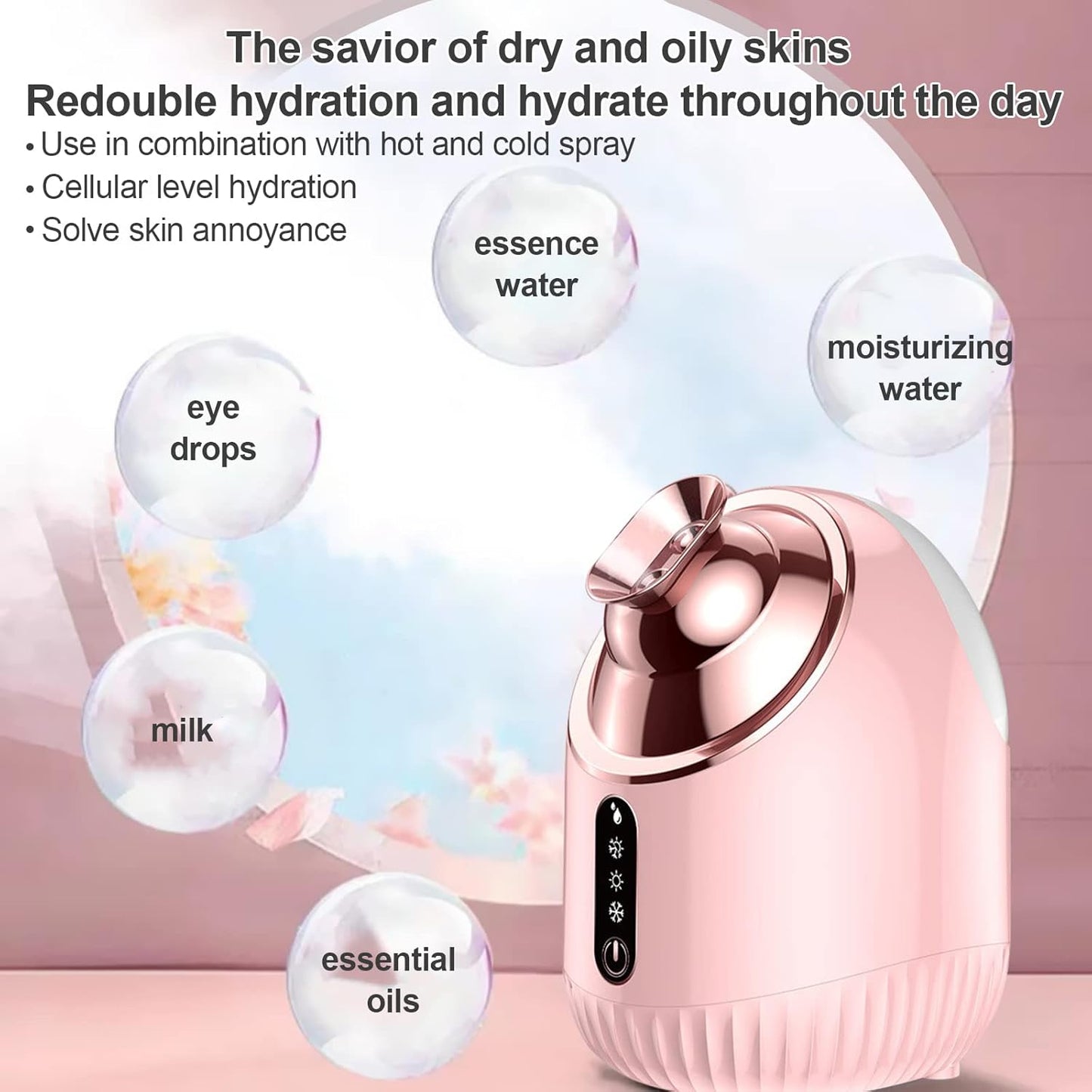 Facial Steamer - Nano Ionic Facial Steamer with Cold&Warm&Hot Mist,240ml Large Water Tank,Small Face Humidifier, Pink