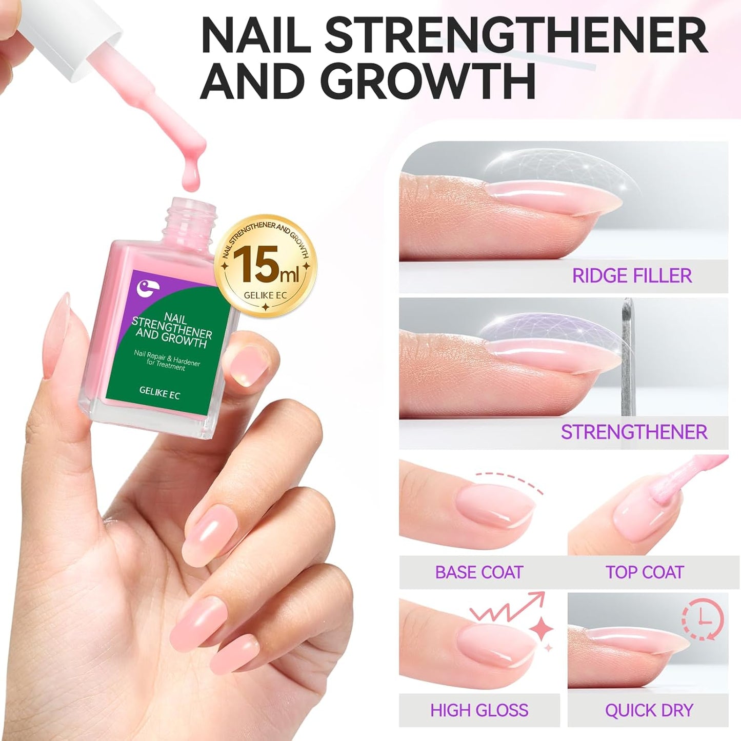 Gelike EC Nail Growth Treatment: Milky Pink 15ml Natural Nail Strengthener for Weak and Damaged Nails - Protein Nail Hardener for Home Salon Outdoor