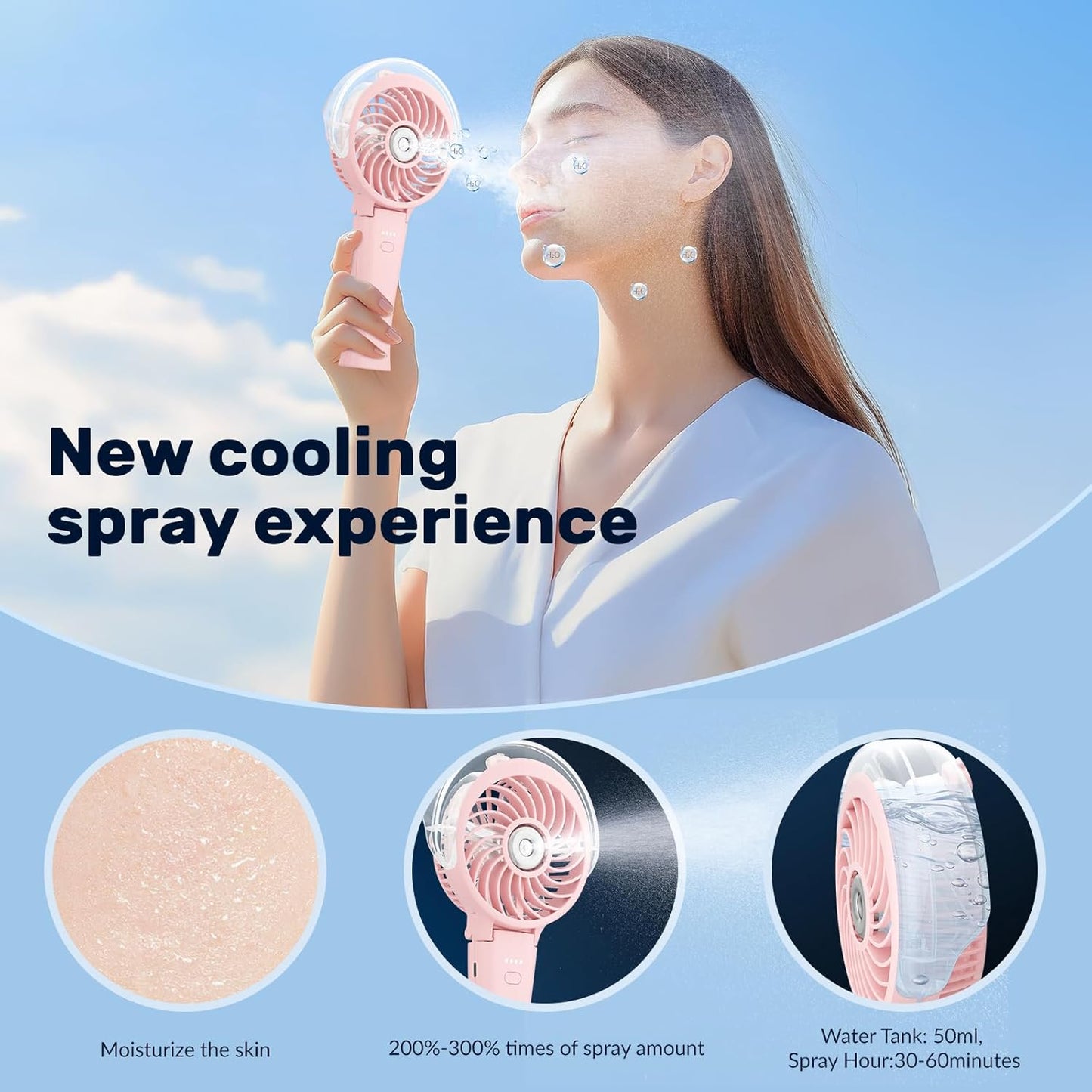 HandFan 4000mAh Handheld Misting Fan, 50ml Water Tank, Rechargeable Personal Mister Fan Portable AC, Spray Water Mist Fans, Foldable Cooling Ice Fans for Beach Travel Outdoors(Pink)