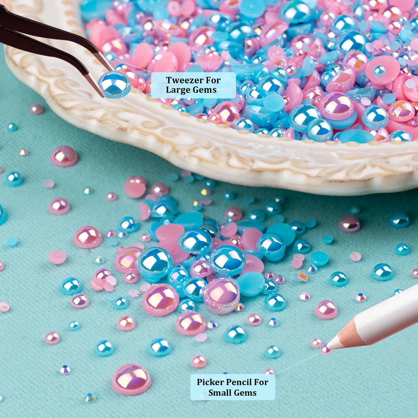 150g Flatback Pearls and Rhinestones Set 6-Pink&Light Blue, Mixed Size 3-10mm Resin Rhinestones and Half Pearls for Nail Art and Crafts and Decoration with Tweezer and Pickup Pencil