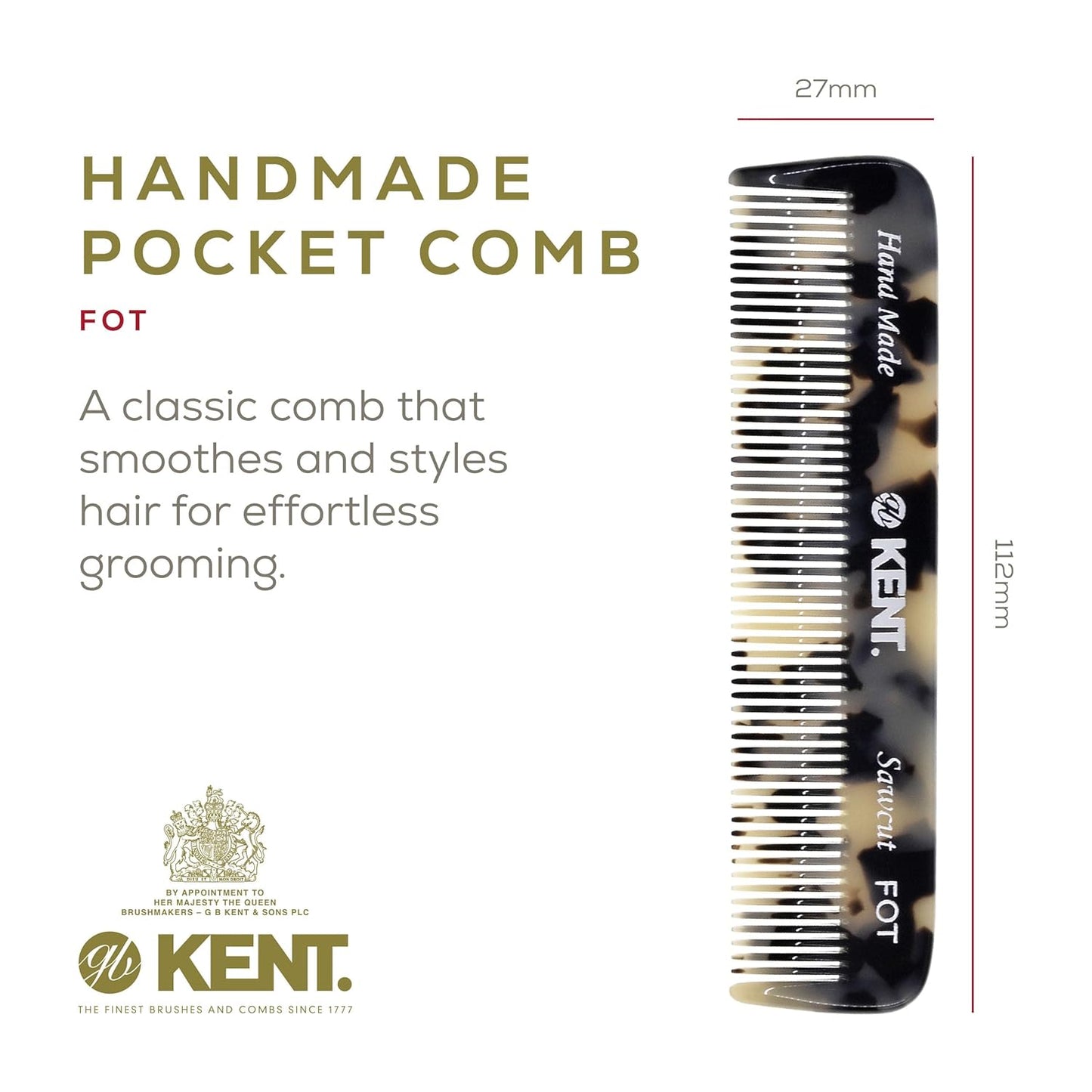 Kent FOT TW Handmade Fine Tooth Comb, Pocket Travel Comb for Men's Styling, Mustache, Beard Care, and Fine or Thinning Hair