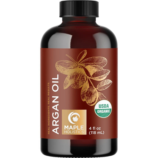 Certified Organic Argan Oil for Hair Skin & Nails - 100% Pure Moroccan Argan Oil Organic Cold Pressed and Unrefined - Fast Absorbing Hair Body and Face Moisturizer plus Beauty DIYs (4 Fl Oz)