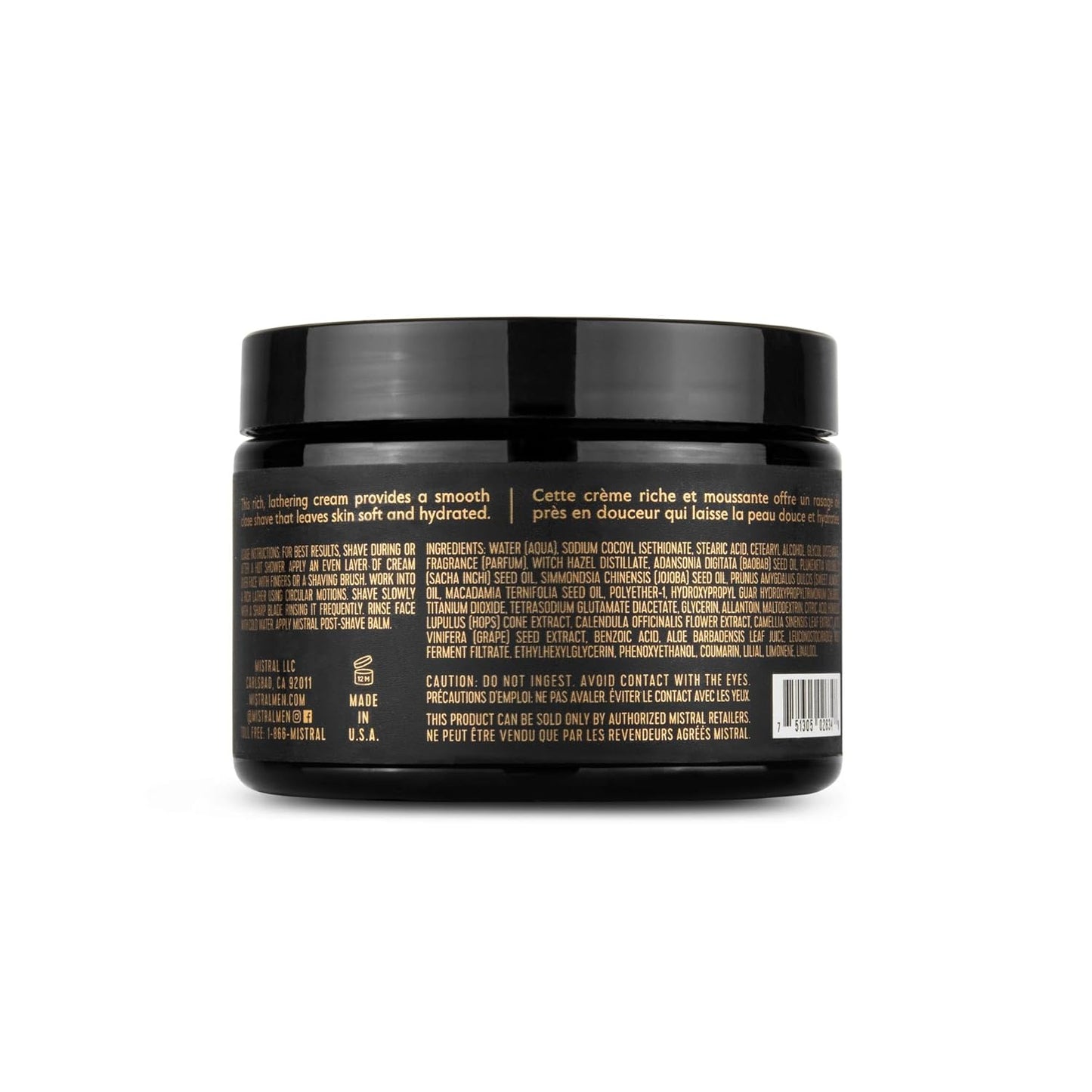 Mistral Black Amber Shaving Cream for Men | Smooth Triple Layered Foam | Men’s Shave Cream with Organic Plant Extracts | pH-balanced, Phthalates & Paraben-Free | Made in USA. 9oz Tub