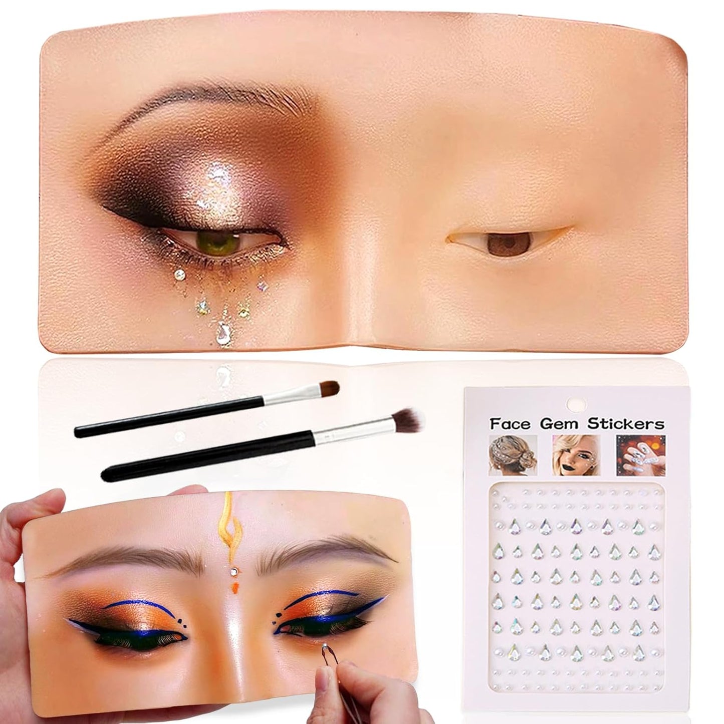 Makeup Practice Face Board, Silicone Makeup Mannequin Face for Makeup Artist Supplies, Mannequin Face for Makeup Practice with Makeup Brushes Rhinestones Sticker(Bright)