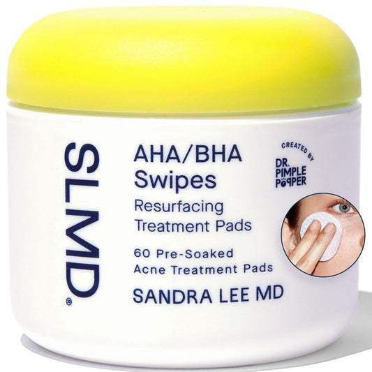 SLMD by Dr. Pimple Popper - AHA BHA Toner Pads Swipes, Salicylic Acid, Glycolic Acid & Lactic Acid - Daily Resurfacing Pads for Face & Body - Facial Exfoliating Resurface, Treat, and Prevent Acne