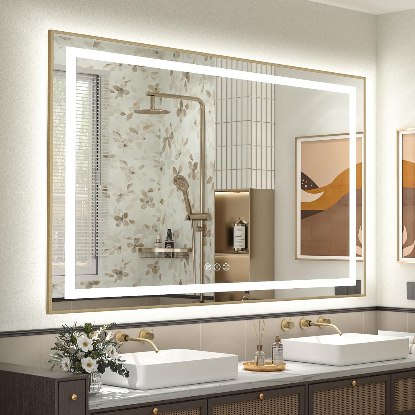 OKPAL Gold LED Bathroom Mirror with Lights, 50x40 Frontlit & Backlit Lighted Bathroom Mirror, LED Vanity Framed Mirror, Anti-Fog, Dimmable, 3 Colors, Shatterproof, ETL Listed