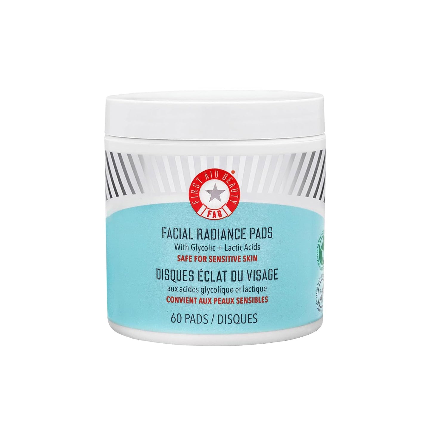 First Aid Beauty - Facial Radiance Pads with Glycolic & Lactic Acids, Daily Exfoliating Pads with AHA that Help Tone & Brighten Skin, One-Step Makeup Prep, Compostable for Daily Use, 60 ct