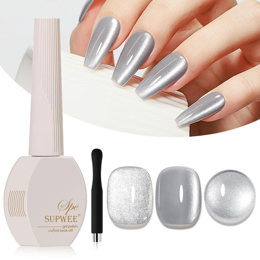 Silver Cat Eye Gel Polish, Magnetic Holographic Gel Nail Polish Glitter Shimmer Gel Polish with Magnet Soak Off U V Gel Salon DIY at Home, 0.5 OZ