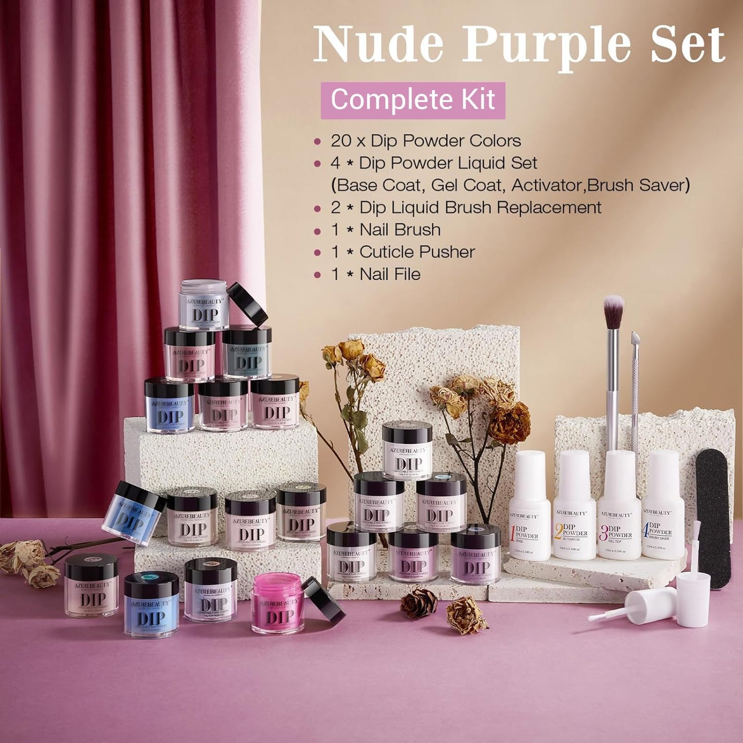 AZUREBEAUTY Dip Powder Nail Kit Starter 20 Colors Nude Brown Glitter Purple Blue Dipping Powder Liquid Set with Top/Base Coat Activator for French Nail Art Manicure DIY Salon Gifts for Women