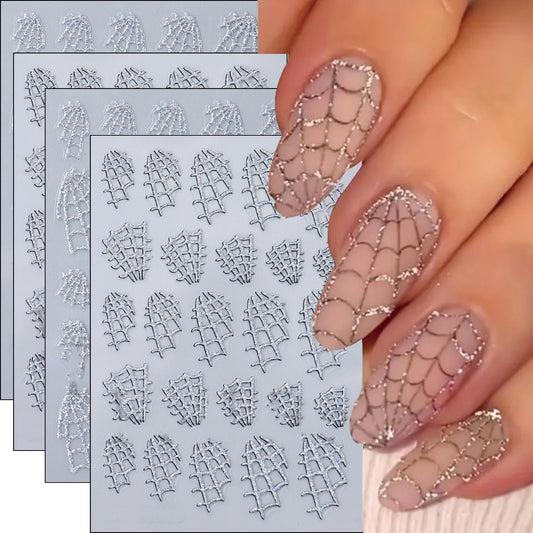 Halloween Nails Stickers Silver Glitter Web Nails Sticker 3D Embossed Glitter Web Self Adhesive Sticker Nail Decals Silver Webs Nail Art Decal Halloween Decals for Nail DIY Manicure 4Sheet