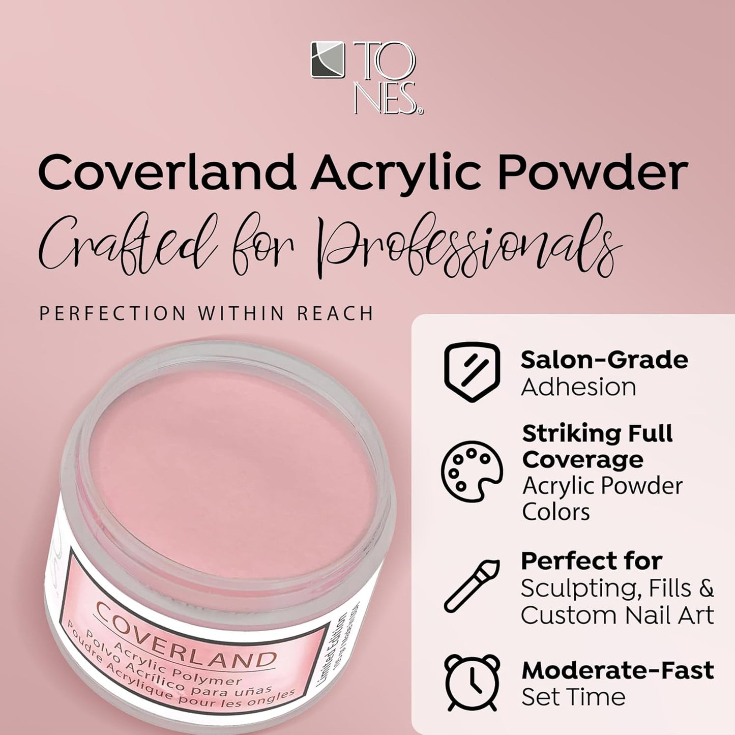Tones Coverland Acrylic Nail Powder "Millennial Pink" - Limited Edition Acrylic Powder for Nail Design, Sculpting, and Masking Nail Bed Imperfections - Professional Acrylic Nail Supplies - (1.5 Oz)