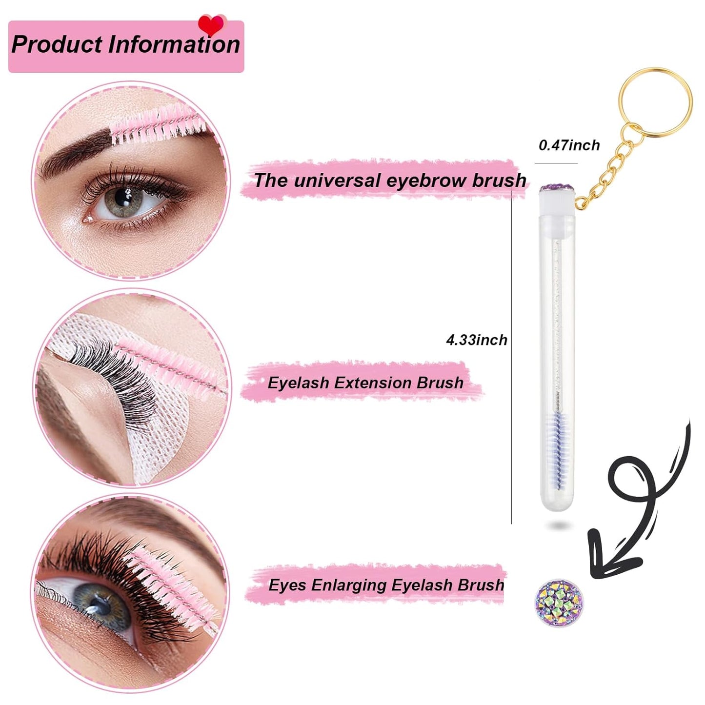 Upgrade 48 Pieces Disposable Mascara Wands Set, Include 24 Pcs Crystal Lash Spoolies Brush and 24 Pcs Reusable Keychain Empty Eyelash Brush Tubes