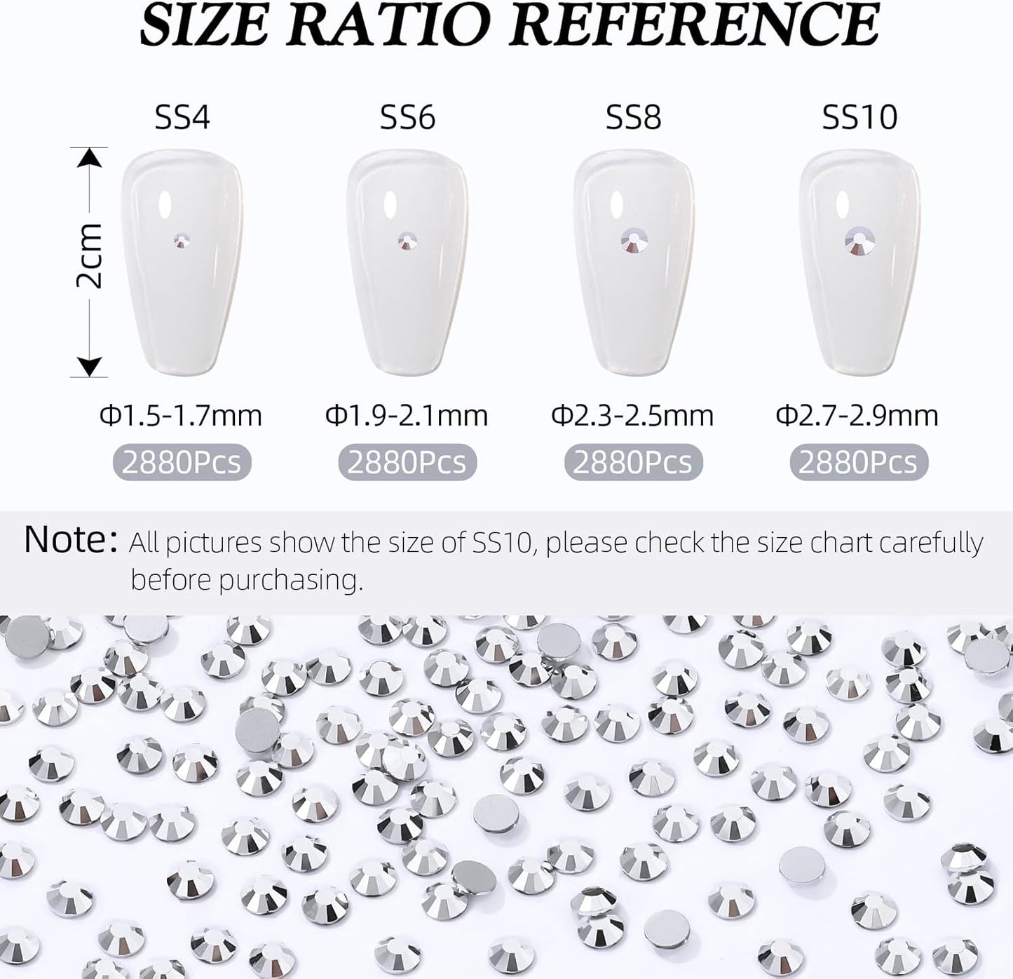 Silver Flatback Rhinestones, Glass Rhinestones for Nail Art and Craft, Glue Fix, Loose Crystal Gemstones(Silver, SS8, 2880pcs, 2.3-2.5mm)