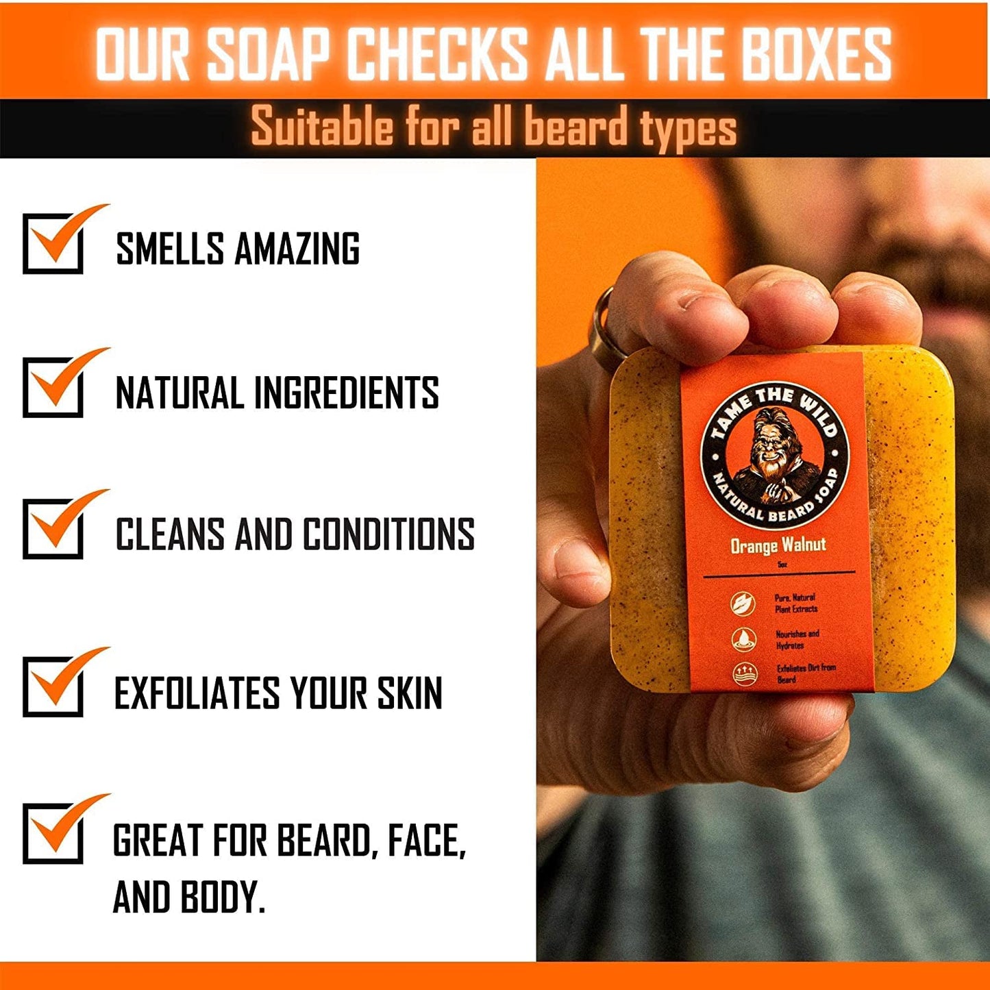 TAME THE WILD Orange Walnut Beard Soap Bar - 5 oz Exfoliating Beard Wash and Face Scrub - Shea Butter and Coconut Oil Cleanser - Hydrating Grooming Soap - Father's Day Gifts
